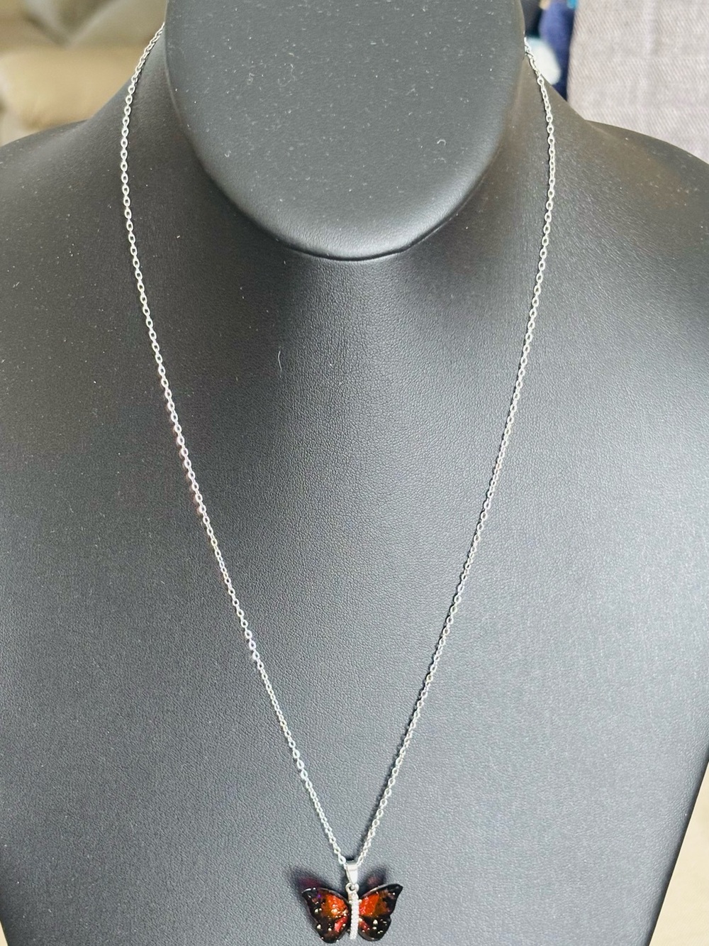 Butterfly ReversiblePendant Necklace - Silver Chain with Amber-Red Enamel-NWOT